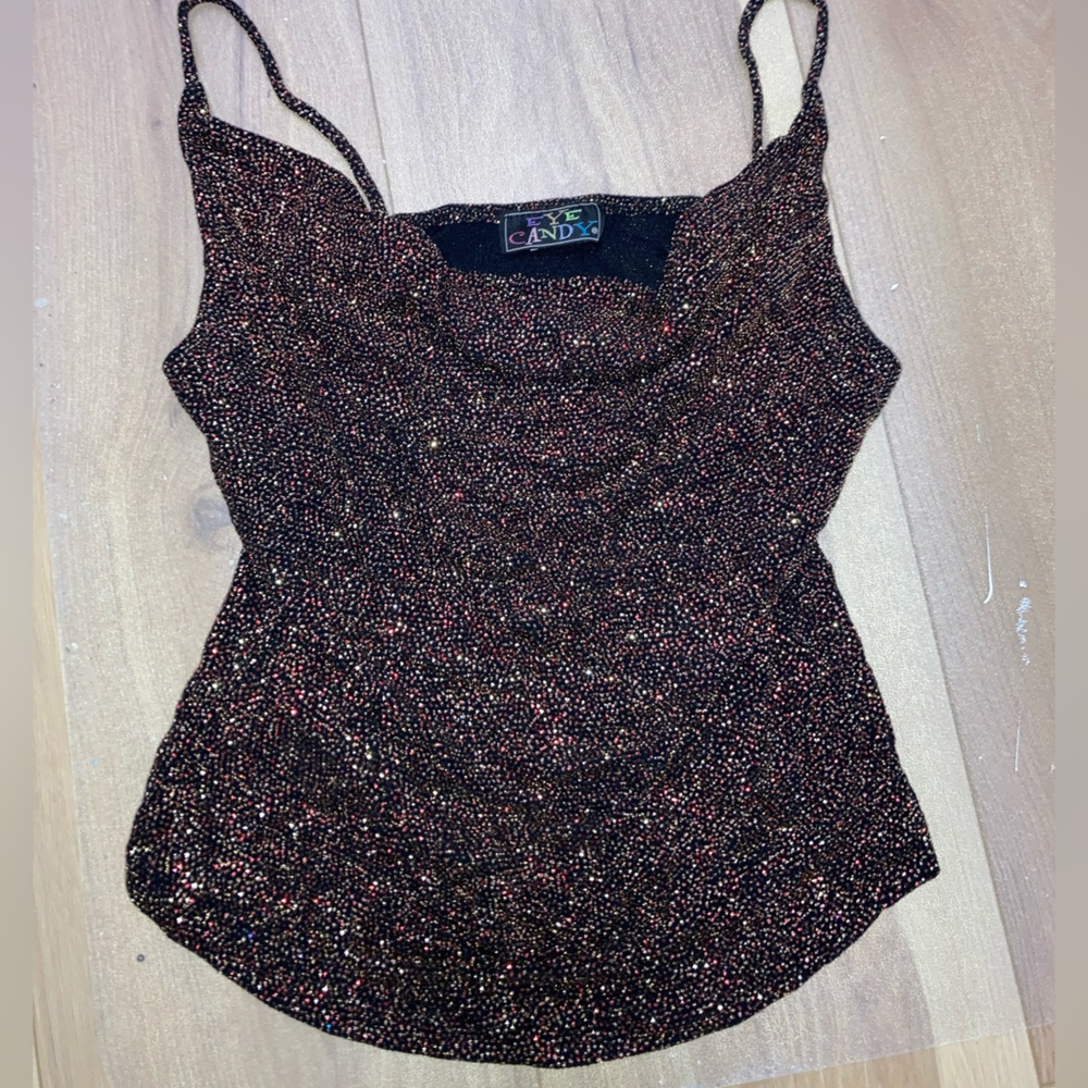 Y2K Vintage Glitter Cowl Neck Tank Top